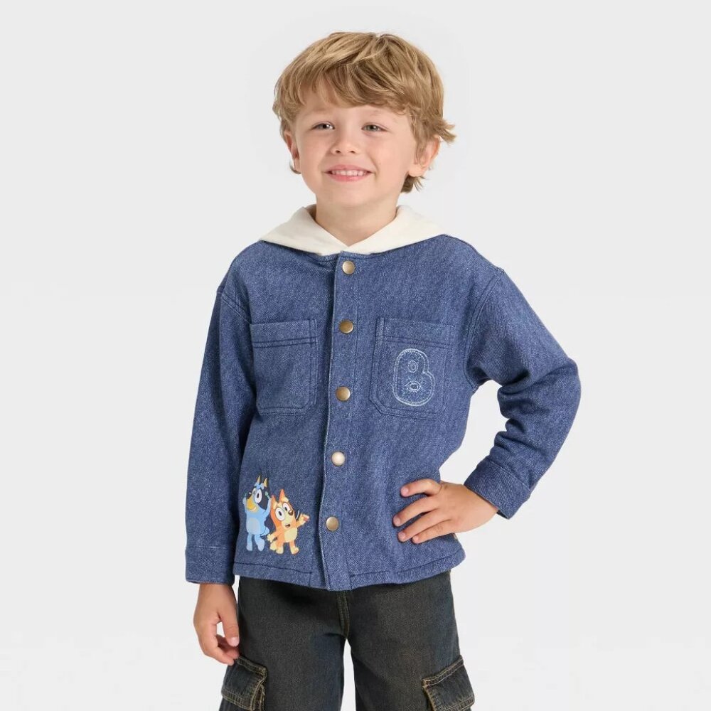NEW Toddler Boys' Bluey Knit Denim Button-Up Hoodie Jacket - Blue 12M